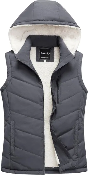 Pursky Women's Winter Vest Sherpa Fleece Lined Puffer Vest Warm Lightweight Sleeveless Jackets With Removable Hood