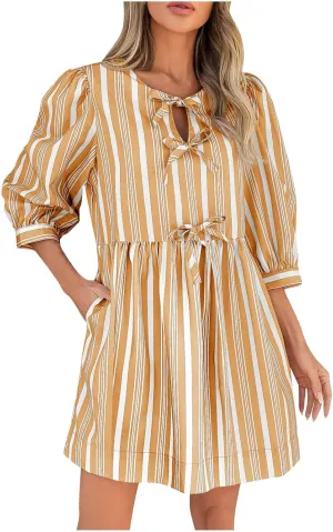 QIGUAND Cute Bow Tie Striped Mini Dress for Women Summer 3/4 Sleeve Casual Babydoll Dresses Elegant Keyhole Neck A-Line Dress