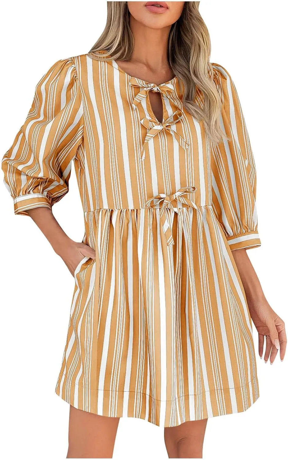 QIGUAND Cute Bow Tie Striped Mini Dress for Women Summer 3/4 Sleeve Casual Babydoll Dresses Elegant Keyhole Neck A-Line Dress