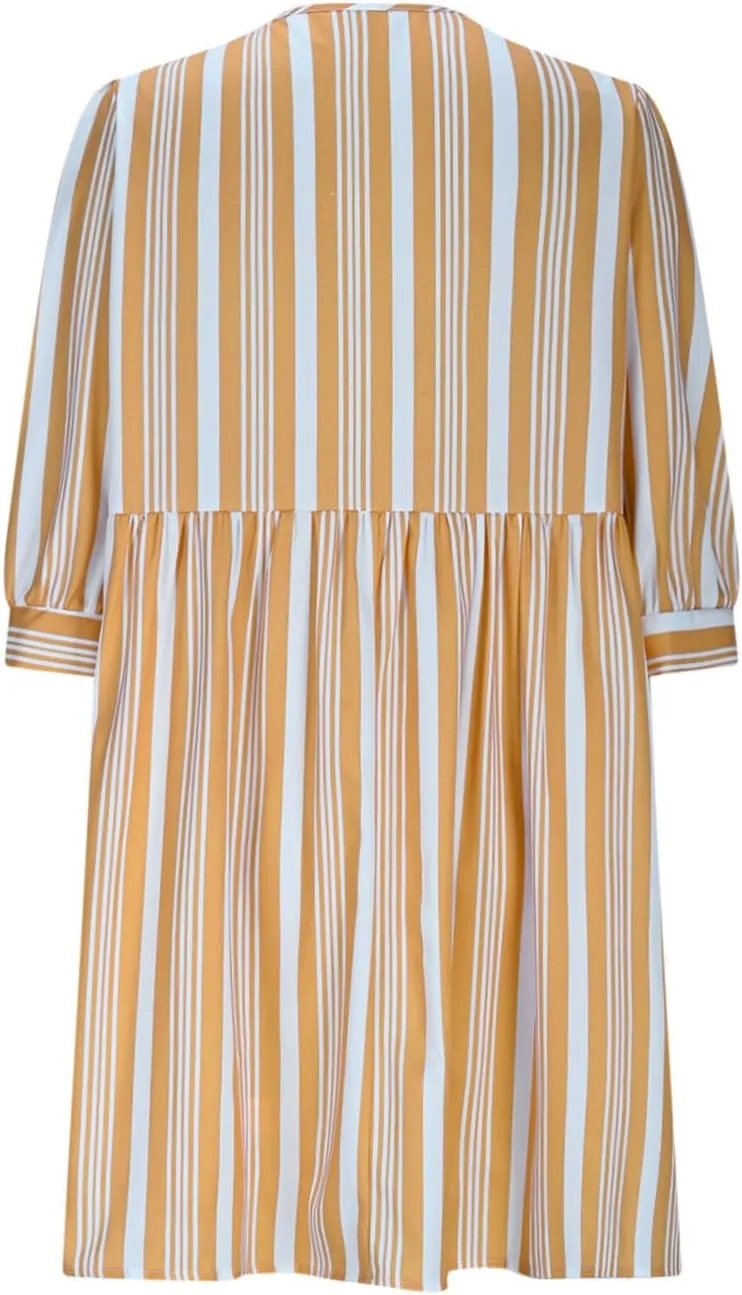 QIGUAND Cute Bow Tie Striped Mini Dress for Women Summer 3/4 Sleeve Casual Babydoll Dresses Elegant Keyhole Neck A-Line Dress