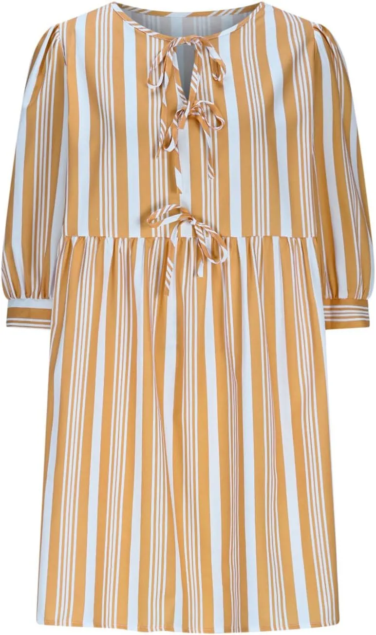 QIGUAND Cute Bow Tie Striped Mini Dress for Women Summer 3/4 Sleeve Casual Babydoll Dresses Elegant Keyhole Neck A-Line Dress