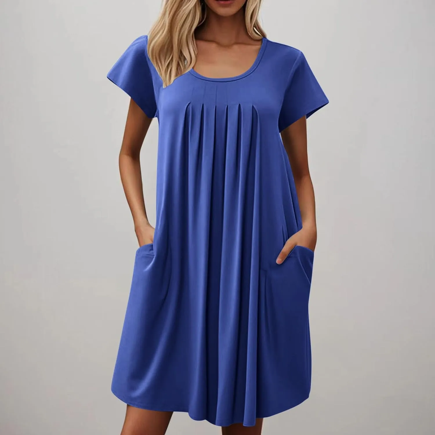 QIGUAND Women Pleats Draped T Shirt Dress Summer Short Sleeve Crewneck Mini Dresses Casual Comfy Loungewear Pjs Tunic Dress