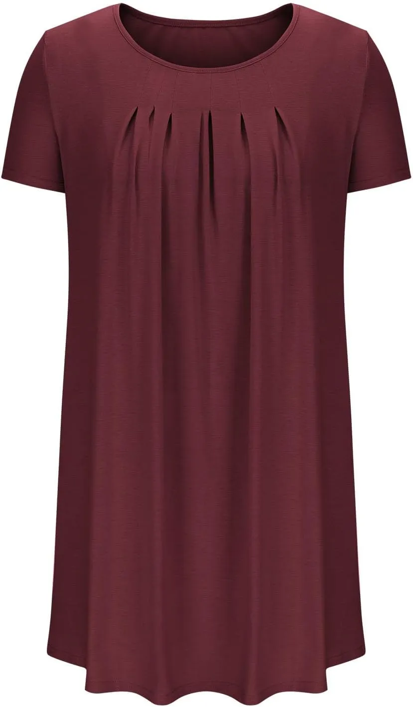 QIGUAND Women Pleats Draped T Shirt Dress Summer Short Sleeve Crewneck Mini Dresses Casual Comfy Loungewear Pjs Tunic Dress