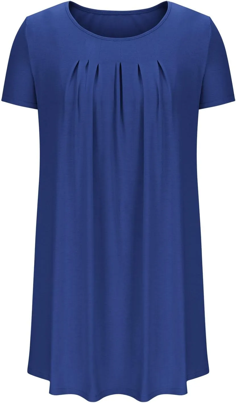 QIGUAND Women Pleats Draped T Shirt Dress Summer Short Sleeve Crewneck Mini Dresses Casual Comfy Loungewear Pjs Tunic Dress
