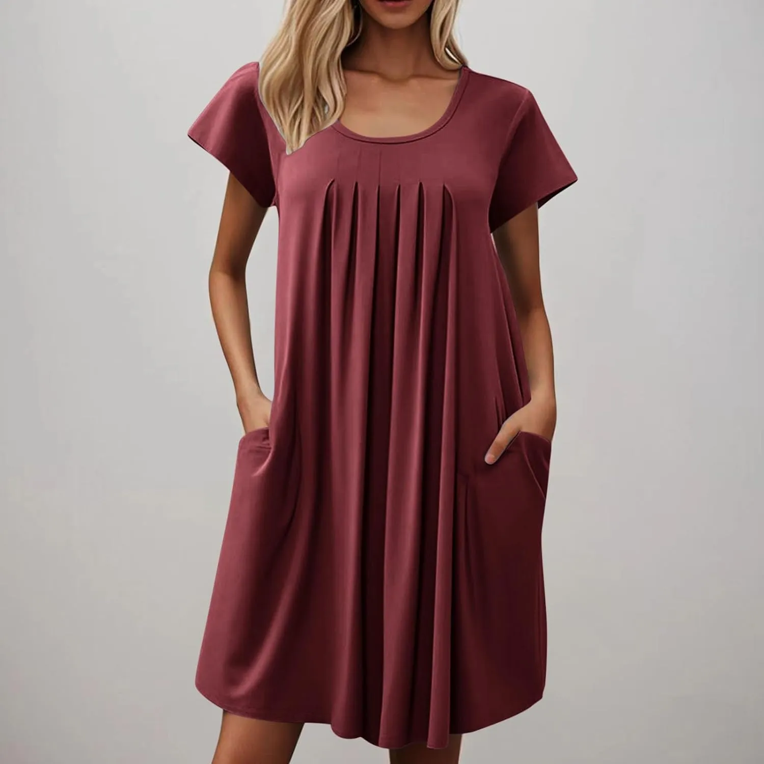 QIGUAND Women Pleats Draped T Shirt Dress Summer Short Sleeve Crewneck Mini Dresses Casual Comfy Loungewear Pjs Tunic Dress