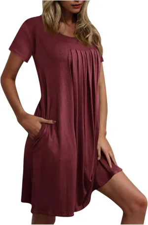 QIGUAND Women Pleats Draped T Shirt Dress Summer Short Sleeve Crewneck Mini Dresses Casual Comfy Loungewear Pjs Tunic Dress