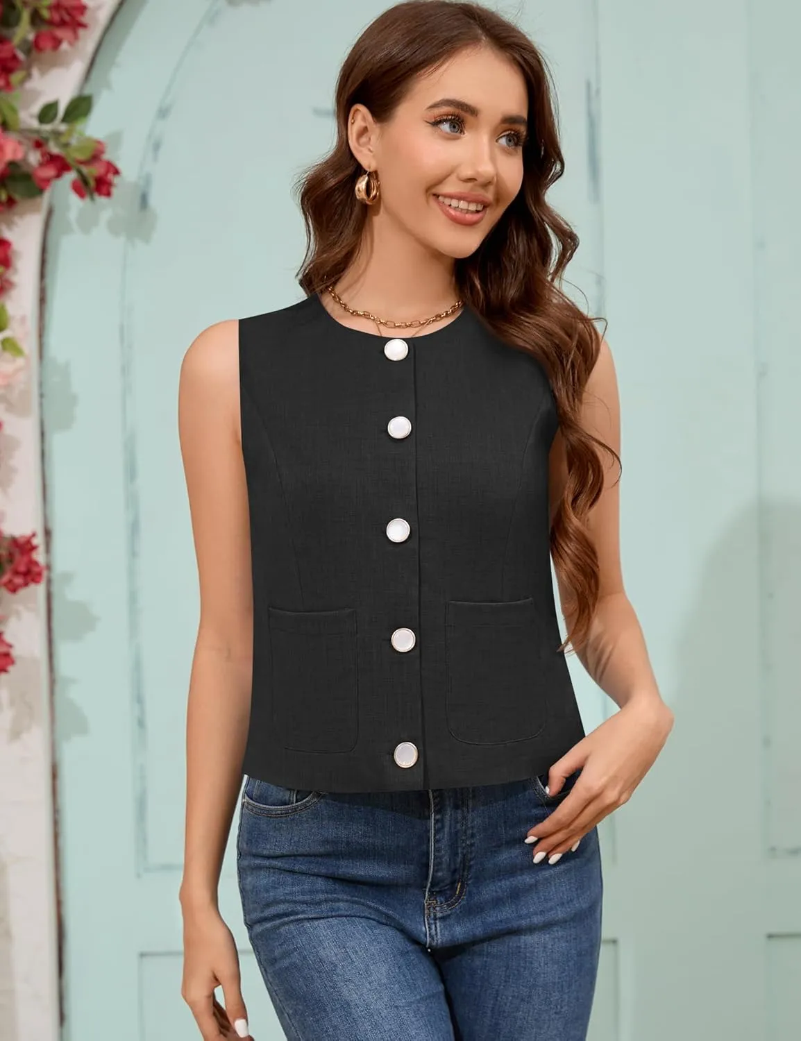 Rapbin Womens Vest Sleeveless Button Down Vest Tops Crew Neck Casual Dressy Waistcoat Business Outfits Suit Fashion