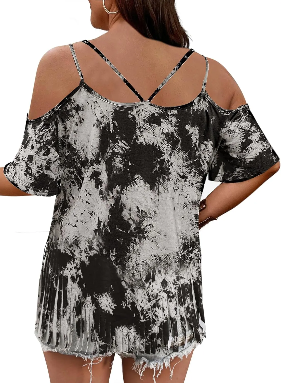 Remidoo Fringe Tops for Womens Bell Short Sleeve Sexy V Neck Oversized T Shirt