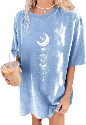 Remidoo Women's Casual Oversized T Shirt Short Sleeve Graphic Tee Letter Sun Moon Shirts