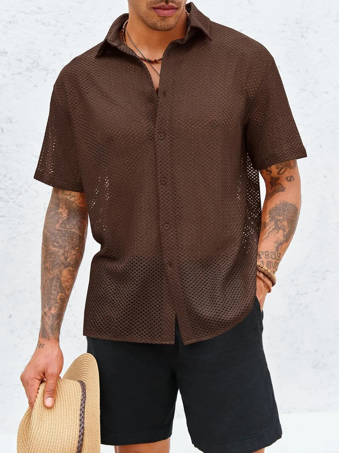 Runcati Mens Button Down Shirt Knit Crochet Hollow Out Short Sleeve Sweater Casual Summer Tops