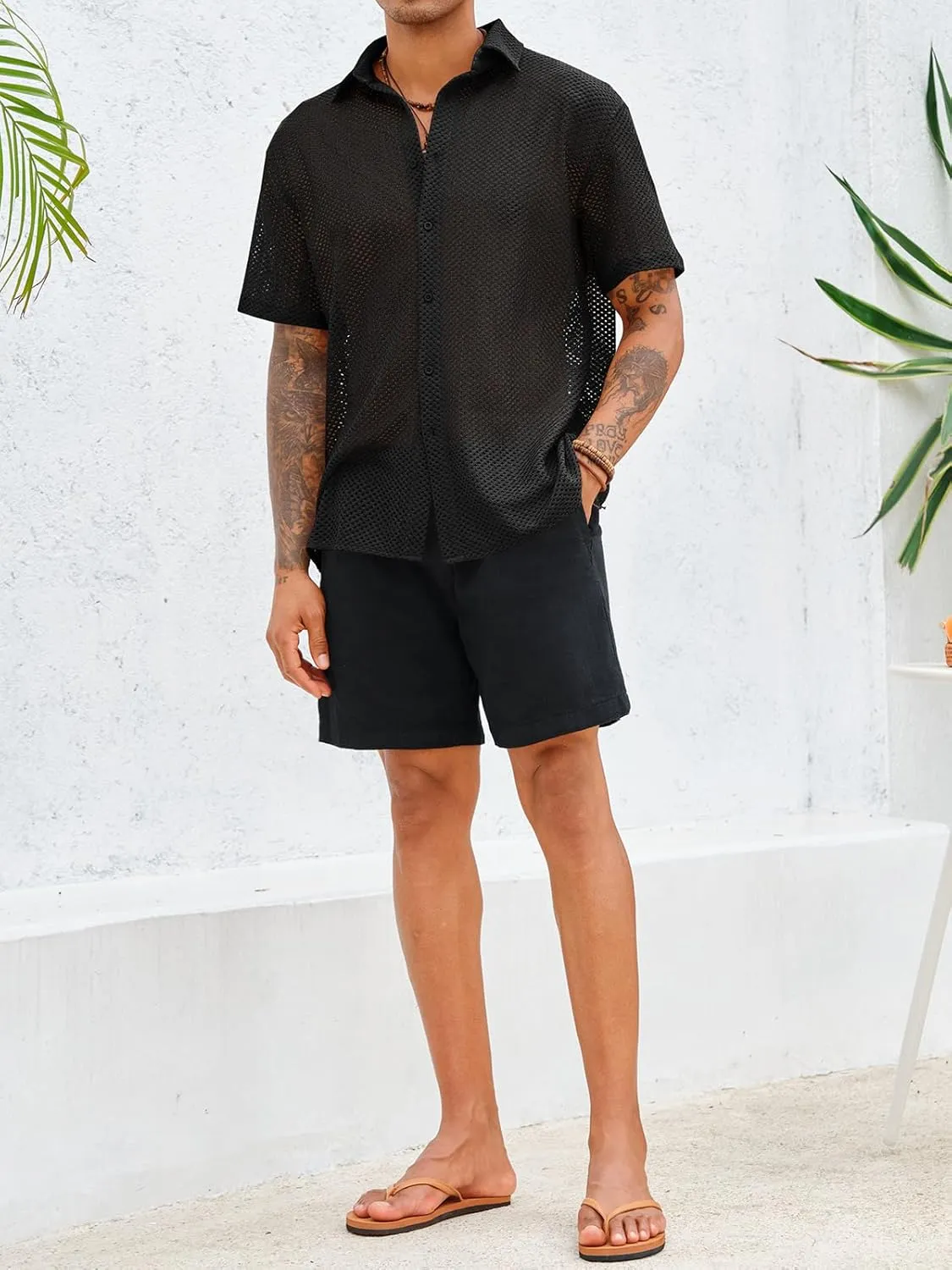Runcati Mens Button Down Shirt Knit Crochet Hollow Out Short Sleeve Sweater Casual Summer Tops