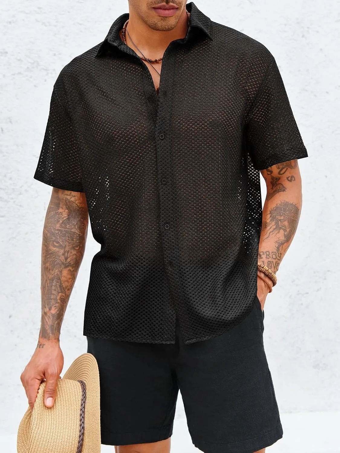 Runcati Mens Button Down Shirt Knit Crochet Hollow Out Short Sleeve Sweater Casual Summer Tops