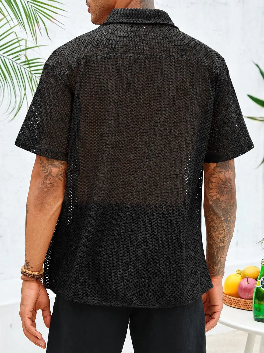 Runcati Mens Button Down Shirt Knit Crochet Hollow Out Short Sleeve Sweater Casual Summer Tops