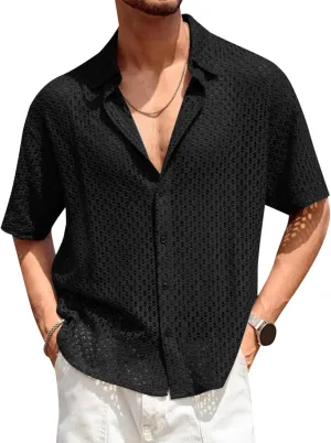 Runcati Mens Button Down Shirt Knit Crochet Hollow Out Short Sleeve Sweater Casual Summer Tops