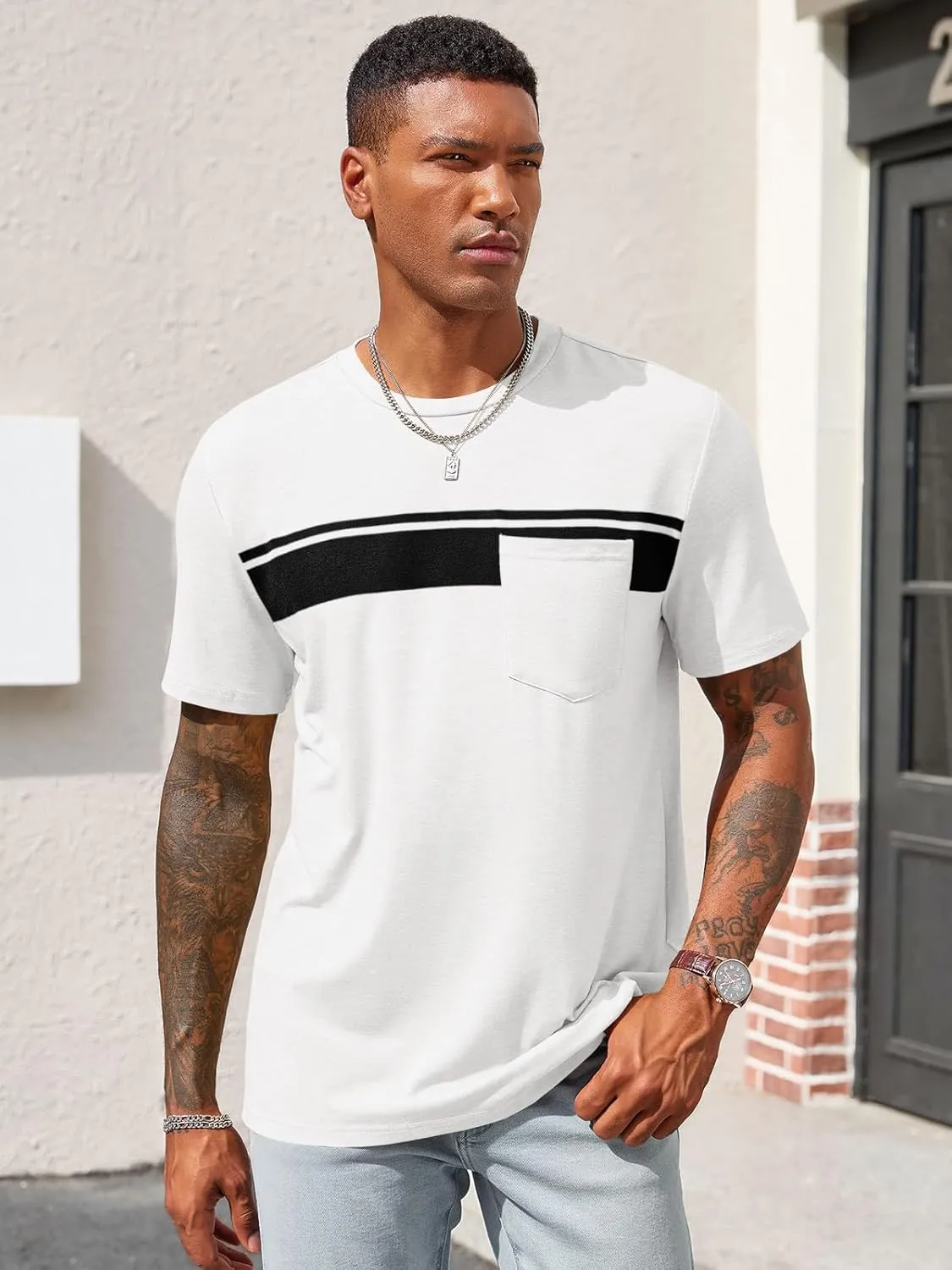 Runcati Men's Casual T-Shirt Short Sleeve Regular Fit Crewneck Tee Summer Graphic Tops with Pocket