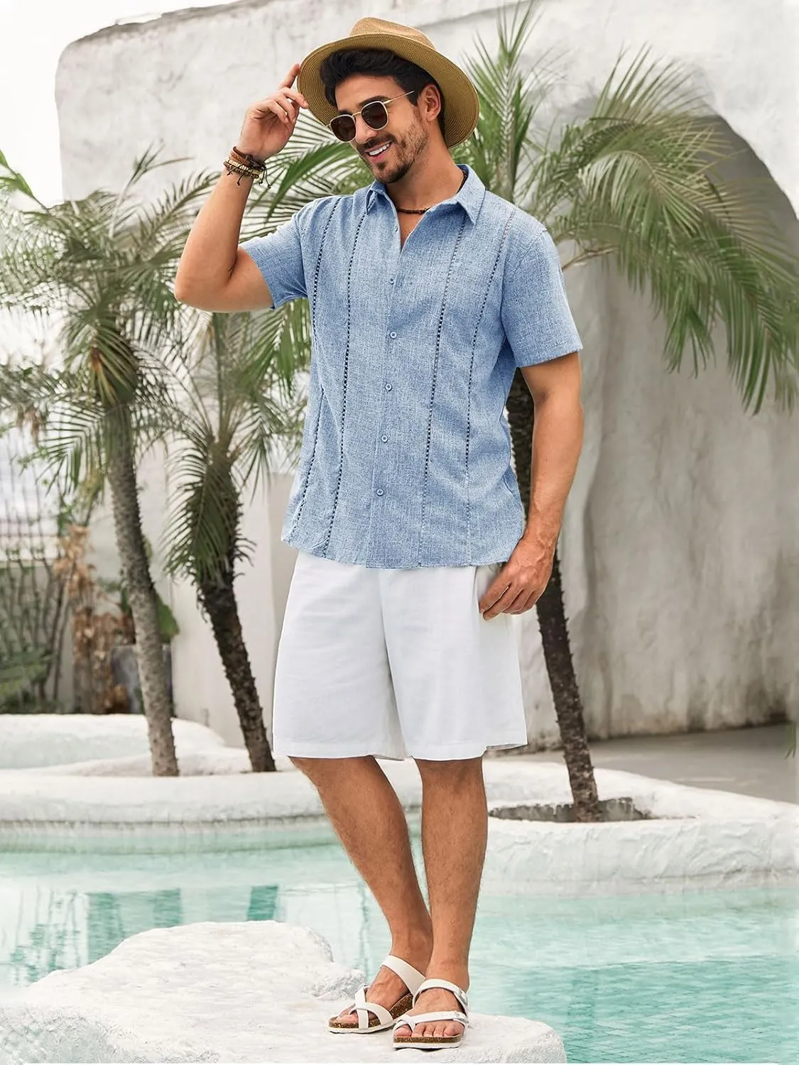 Runcati Mens Cuban Guayabera Shirts Short Sleeve Button Down Linen Shirt Mexican Casual Beach Summer Tops