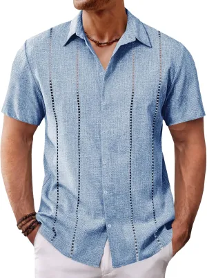 Runcati Mens Cuban Guayabera Shirts Short Sleeve Button Down Linen Shirt Mexican Casual Beach Summer Tops