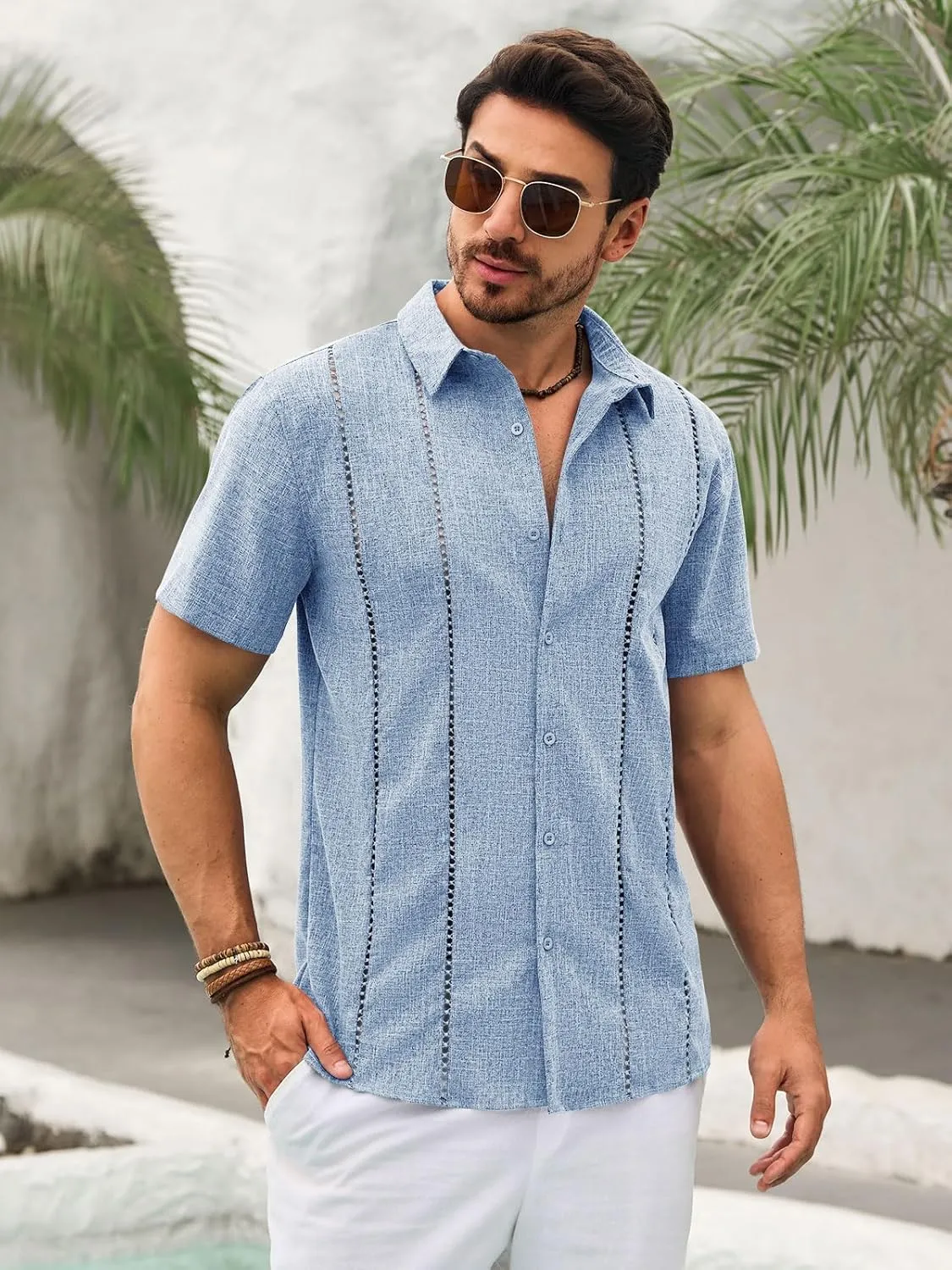 Runcati Mens Cuban Guayabera Shirts Short Sleeve Button Down Linen Shirt Mexican Casual Beach Summer Tops