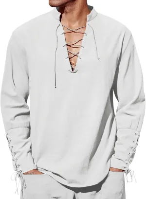 Runcati Mens Medieval Pirate Shirt Steampunk Renaissance Viking Retro Long Sleeve Lace Up Mercenary Halloween Costume Tops