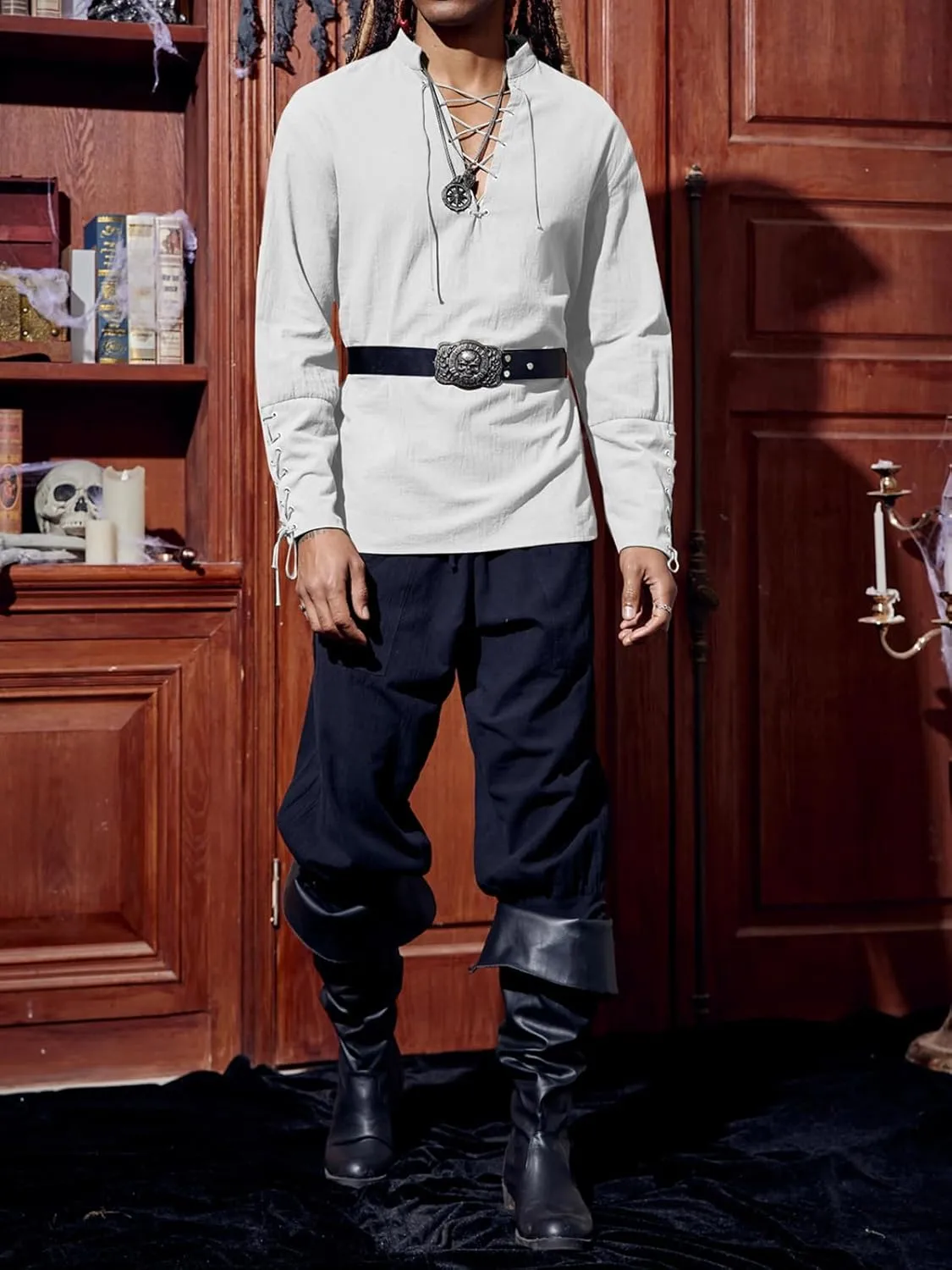 Runcati Mens Medieval Pirate Shirt Steampunk Renaissance Viking Retro Long Sleeve Lace Up Mercenary Halloween Costume Tops