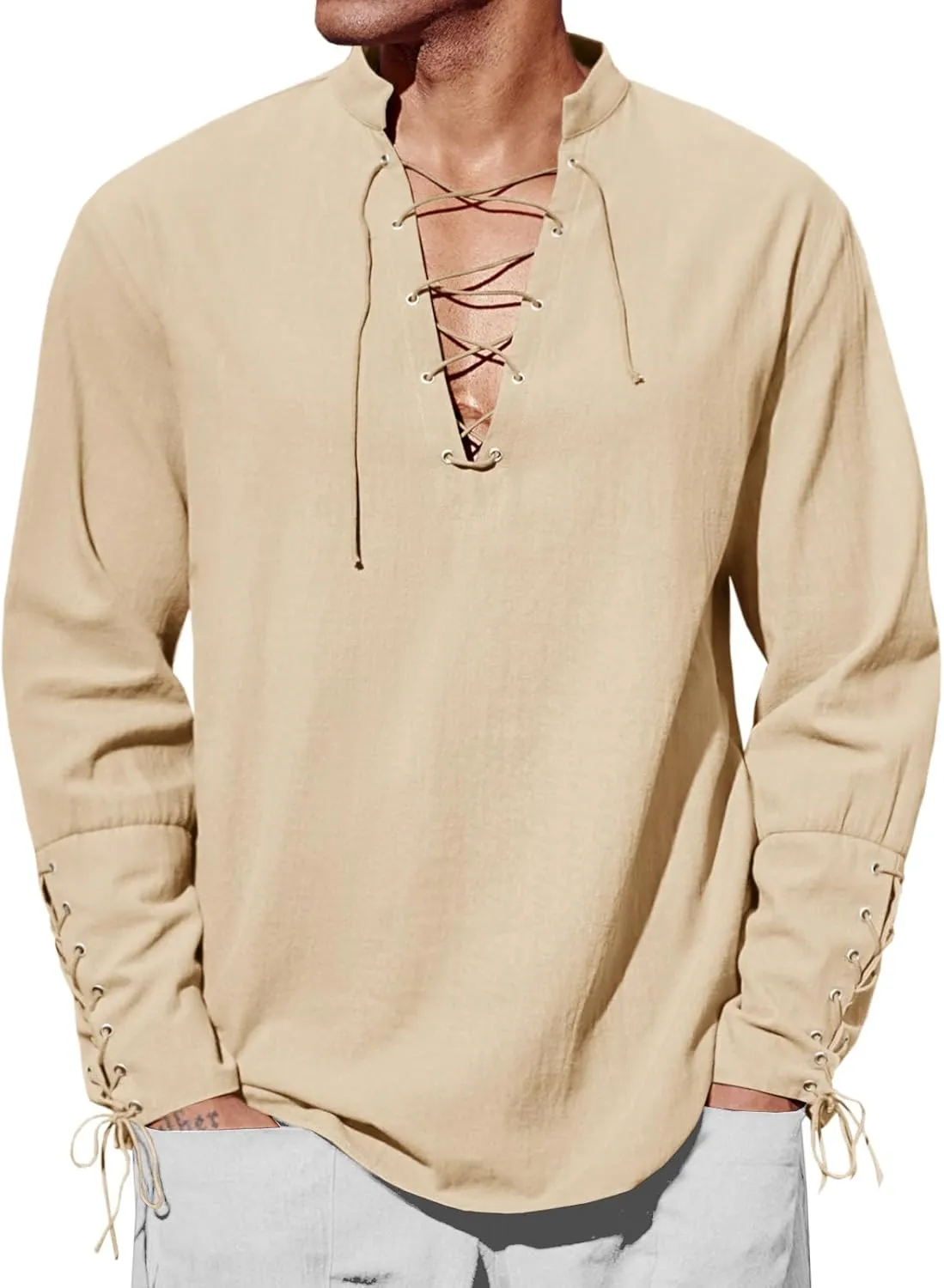 Runcati Mens Medieval Pirate Shirt Steampunk Renaissance Viking Retro Long Sleeve Lace Up Mercenary Halloween Costume Tops