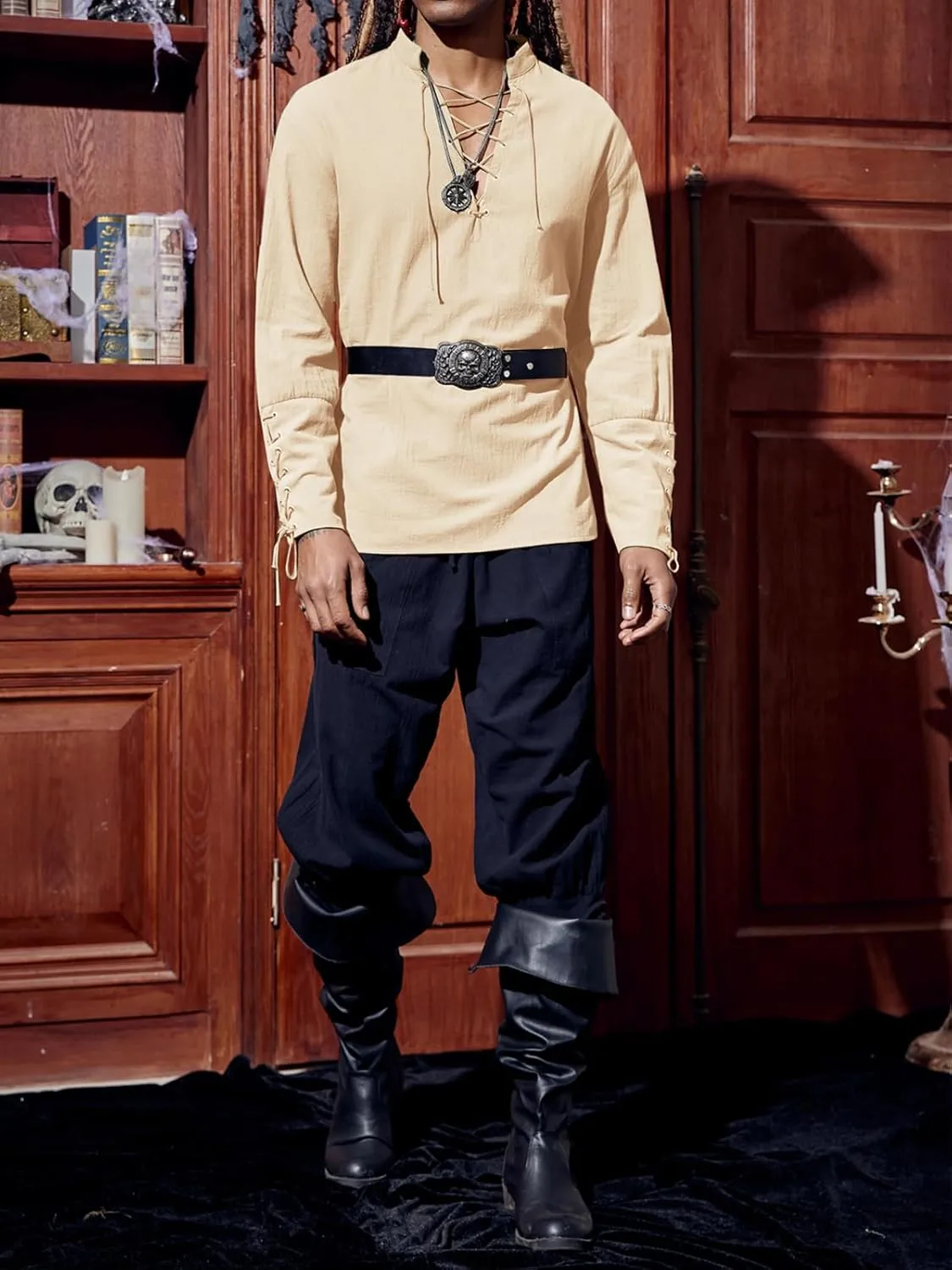 Runcati Mens Medieval Pirate Shirt Steampunk Renaissance Viking Retro Long Sleeve Lace Up Mercenary Halloween Costume Tops