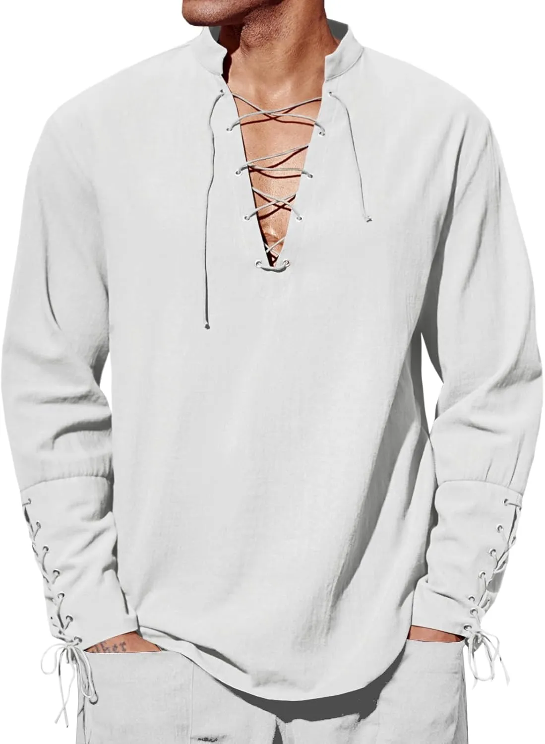 Runcati Mens Medieval Pirate Shirt Steampunk Renaissance Viking Retro Long Sleeve Lace Up Mercenary Halloween Costume Tops