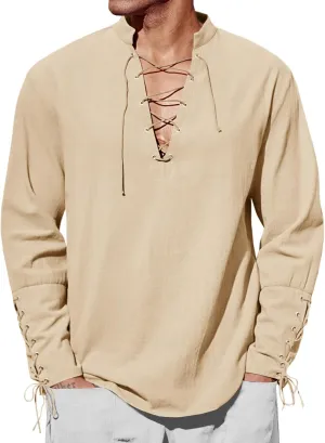 Runcati Mens Medieval Pirate Shirt Steampunk Renaissance Viking Retro Long Sleeve Lace Up Mercenary Halloween Costume Tops