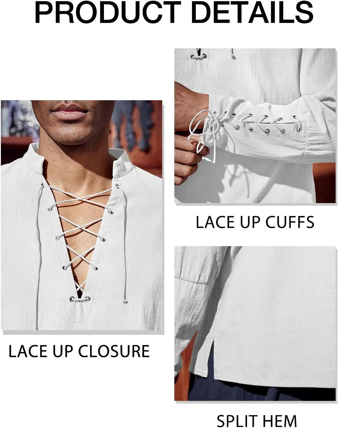 Runcati Mens Medieval Pirate Shirt Steampunk Renaissance Viking Retro Long Sleeve Lace Up Mercenary Halloween Costume Tops