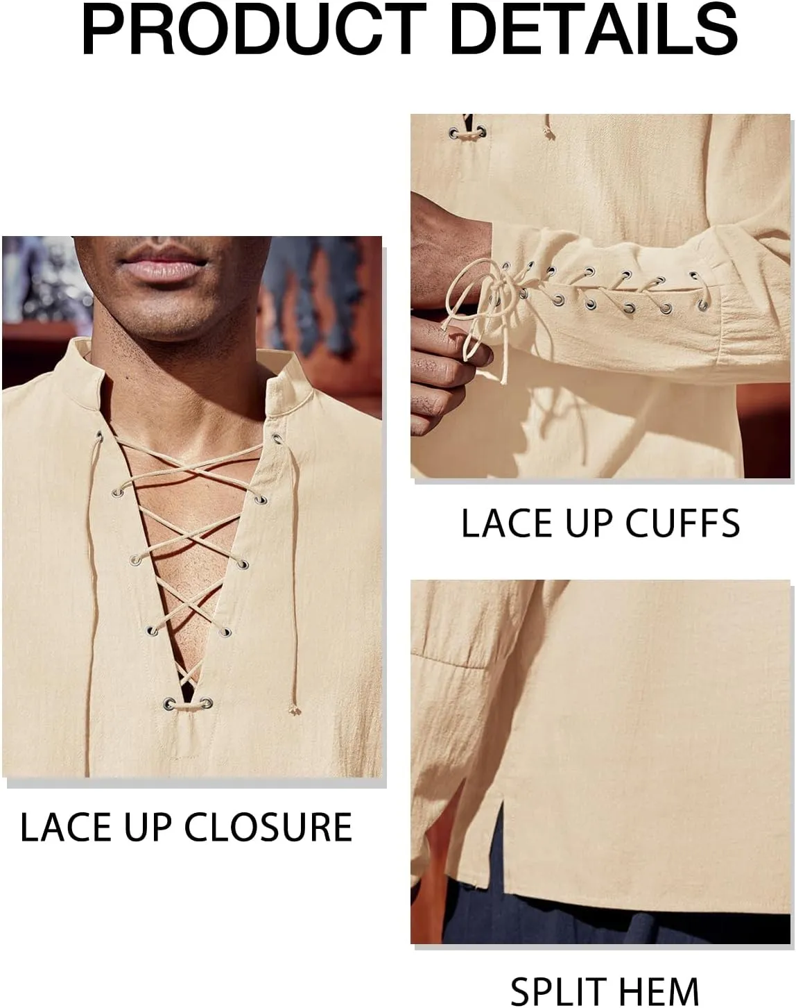Runcati Mens Medieval Pirate Shirt Steampunk Renaissance Viking Retro Long Sleeve Lace Up Mercenary Halloween Costume Tops