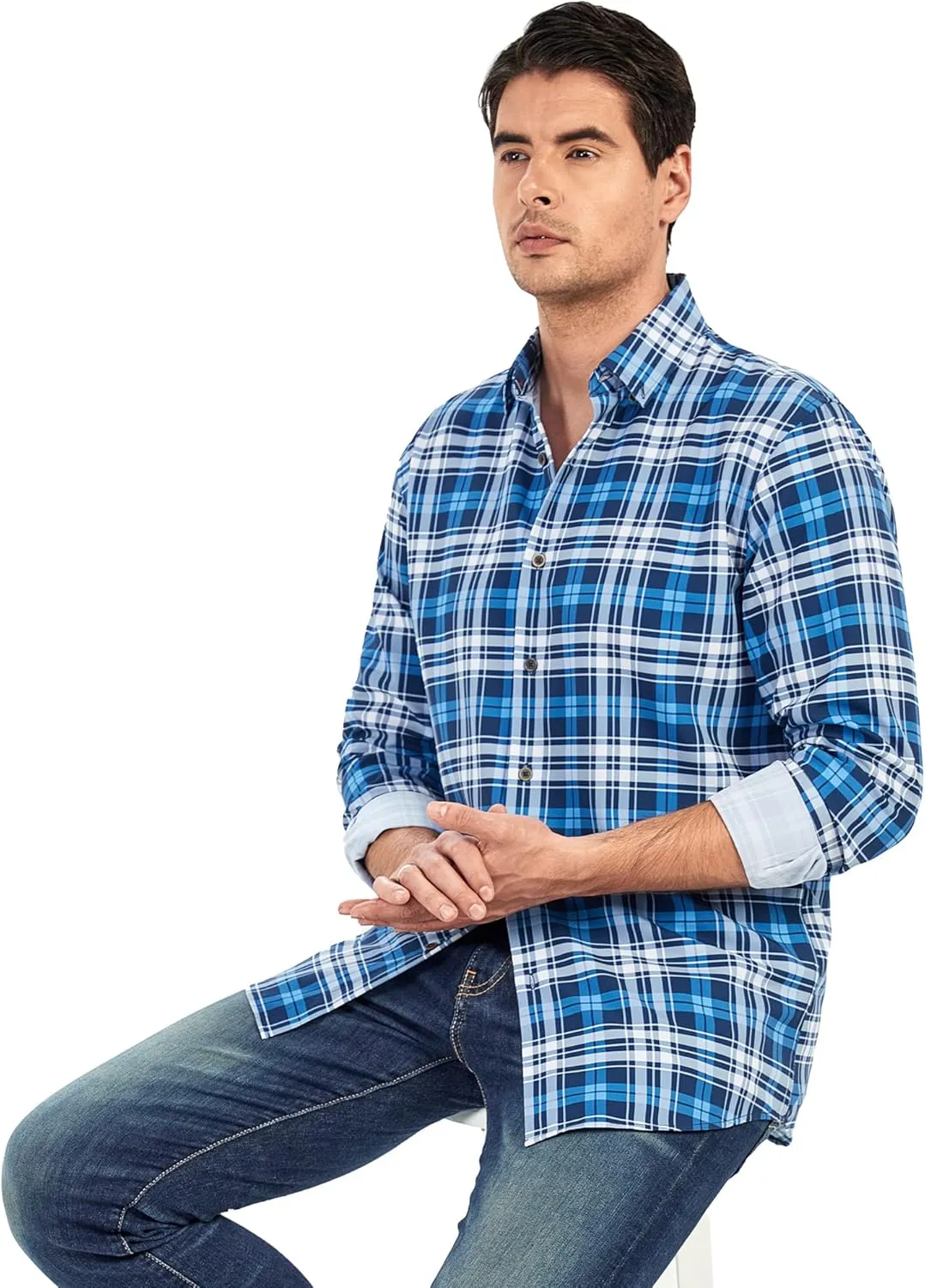 SAMERM Mens Button Down Shirts 4-Way Stretch Wrinkle Free Long Sleeve Print Plaid Business Dress Shirt