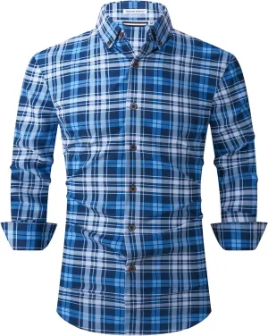 SAMERM Mens Button Down Shirts 4-Way Stretch Wrinkle Free Long Sleeve Print Plaid Business Dress Shirt