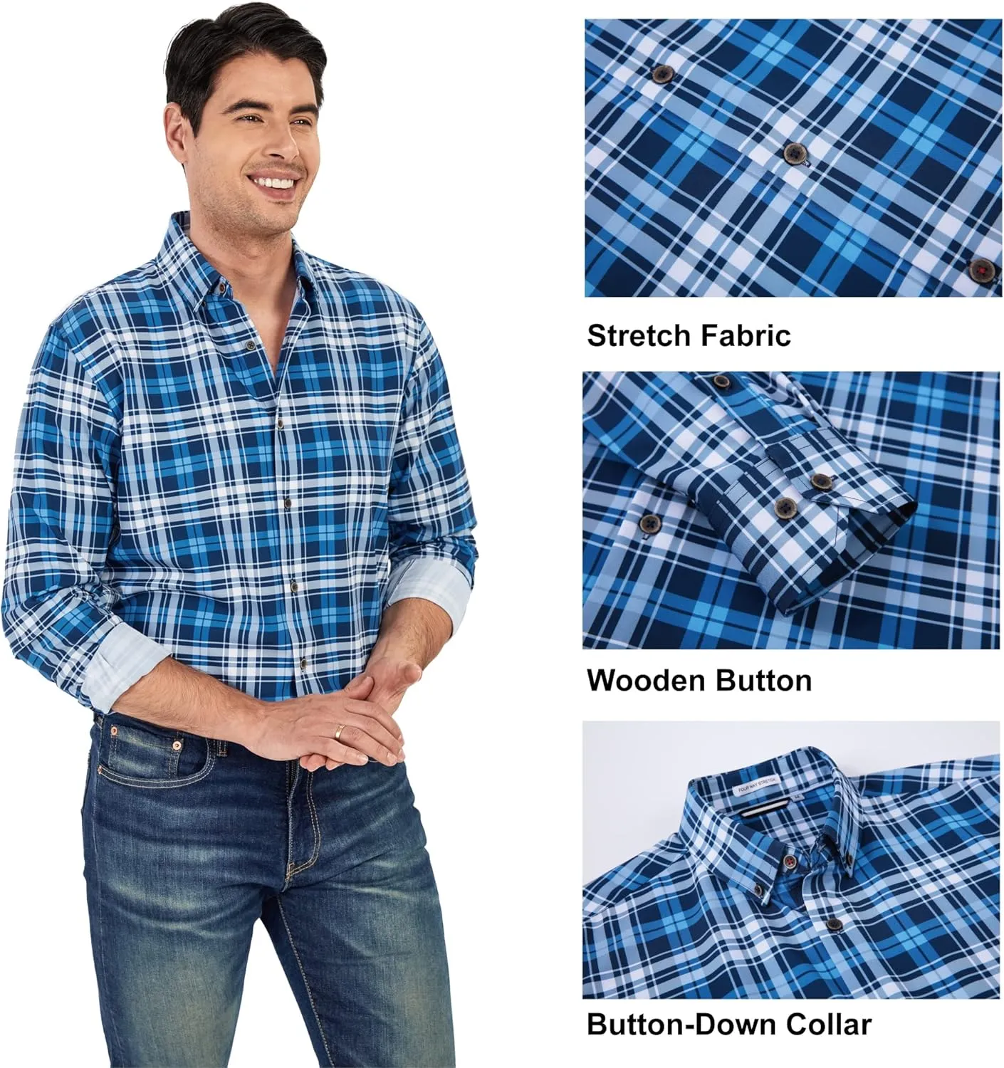 SAMERM Mens Button Down Shirts 4-Way Stretch Wrinkle Free Long Sleeve Print Plaid Business Dress Shirt