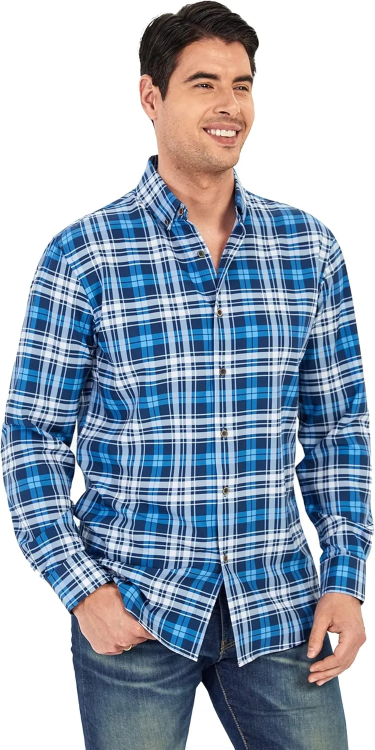 SAMERM Mens Button Down Shirts 4-Way Stretch Wrinkle Free Long Sleeve Print Plaid Business Dress Shirt