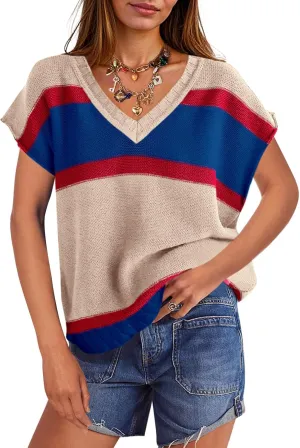 Saodimallsu Womens Cap Sleeve Sweater Vest Top Summer Color Block Loose Knit Going Out Shirts