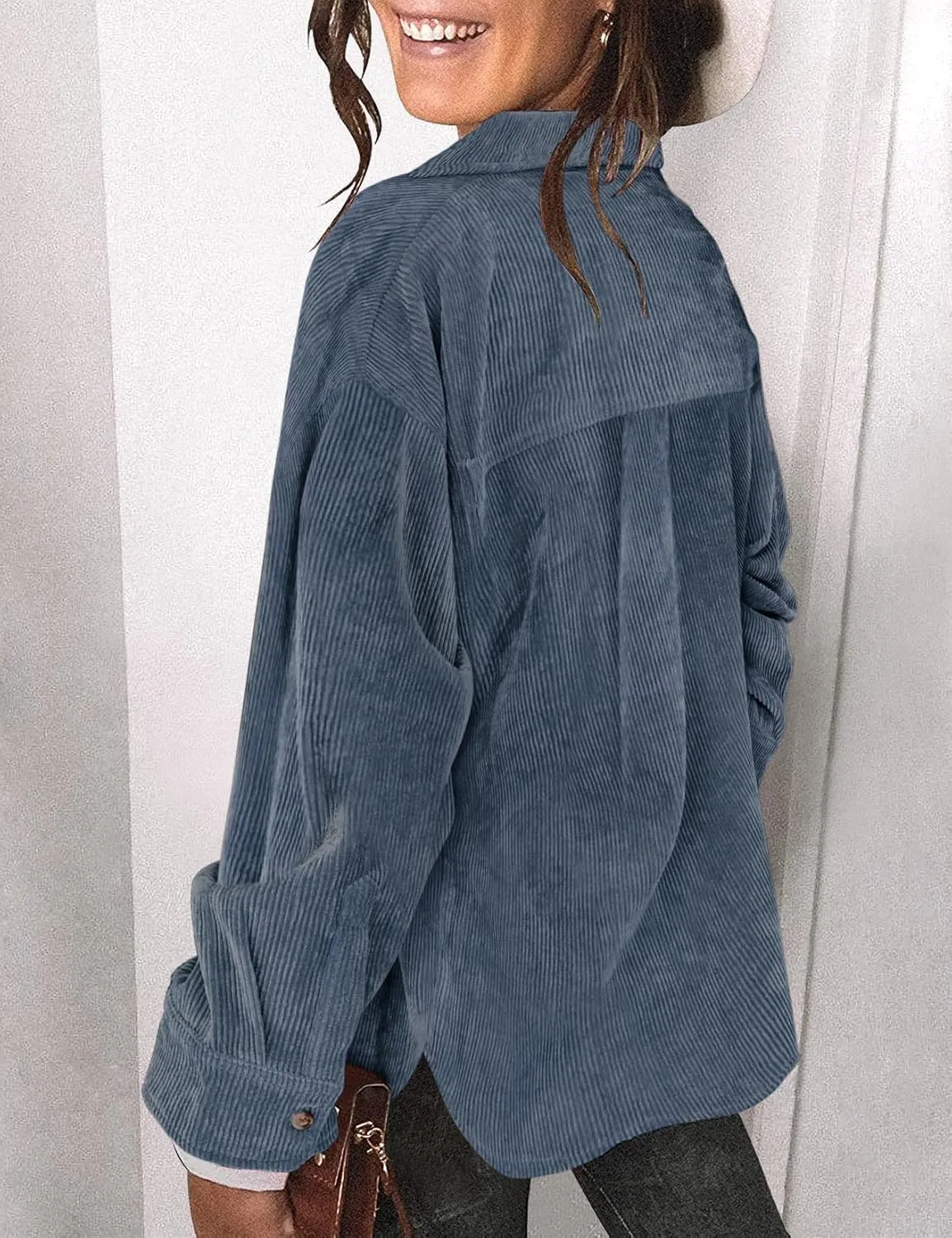Saslax Womens Corduroy Shirt Long Sleeve Oversized Button Up V Neck Blouses Tops Loose Shacket Jacket