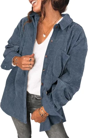 Saslax Womens Corduroy Shirt Long Sleeve Oversized Button Up V Neck Blouses Tops Loose Shacket Jacket