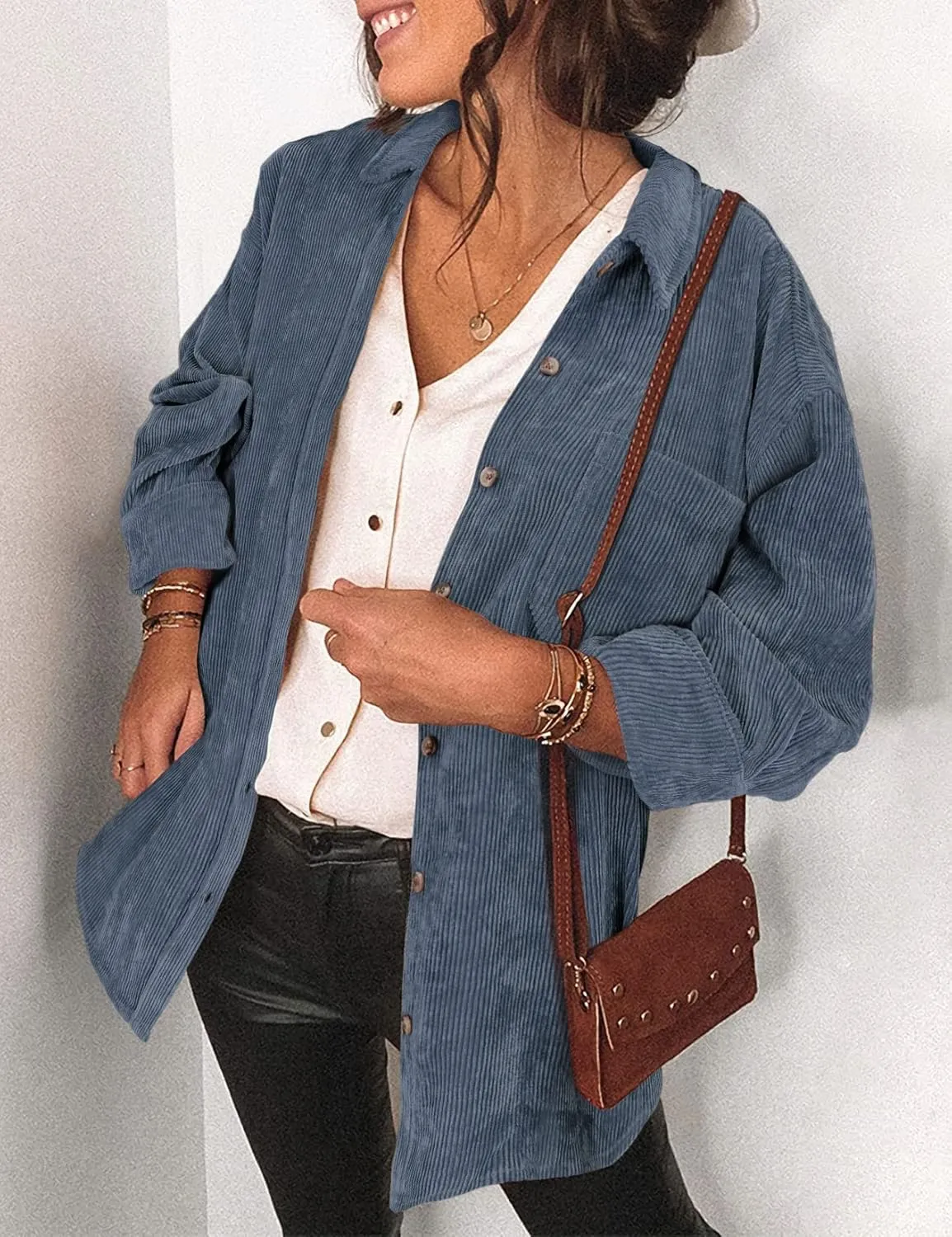 Saslax Womens Corduroy Shirt Long Sleeve Oversized Button Up V Neck Blouses Tops Loose Shacket Jacket