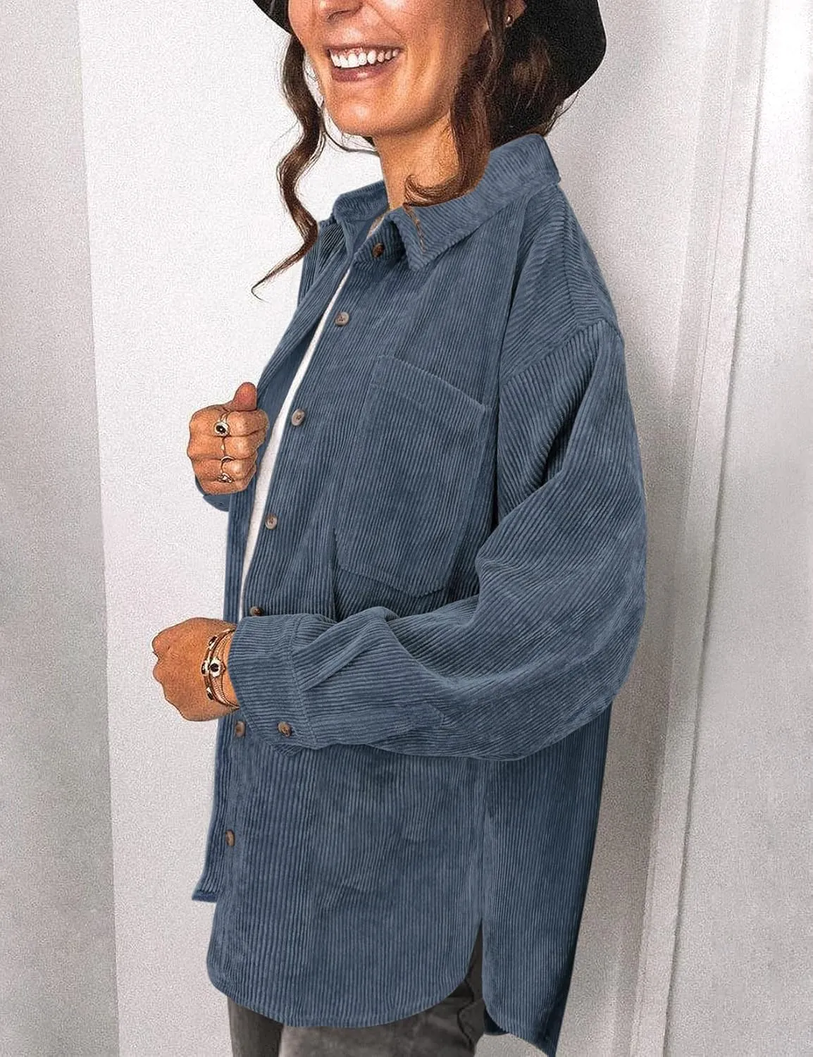 Saslax Womens Corduroy Shirt Long Sleeve Oversized Button Up V Neck Blouses Tops Loose Shacket Jacket