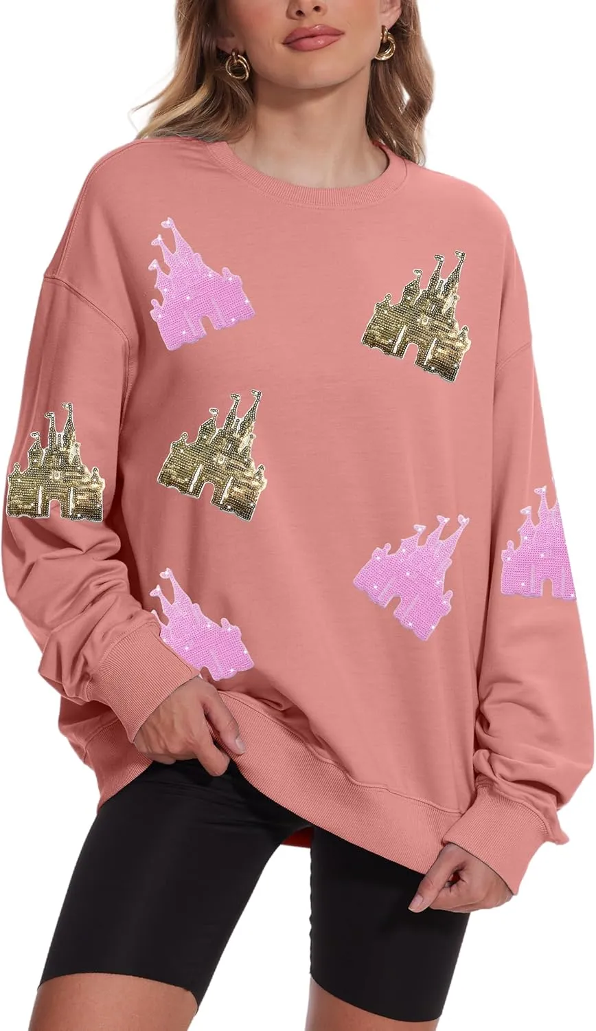 Sequin Magic Kingdom Sweatshirt For Women Sparkle Magical Castle Pullover Oversized Holiday Long Sleeve Tee Shirt Tops