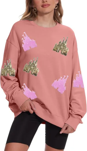 Sequin Magic Kingdom Sweatshirt For Women Sparkle Magical Castle Pullover Oversized Holiday Long Sleeve Tee Shirt Tops