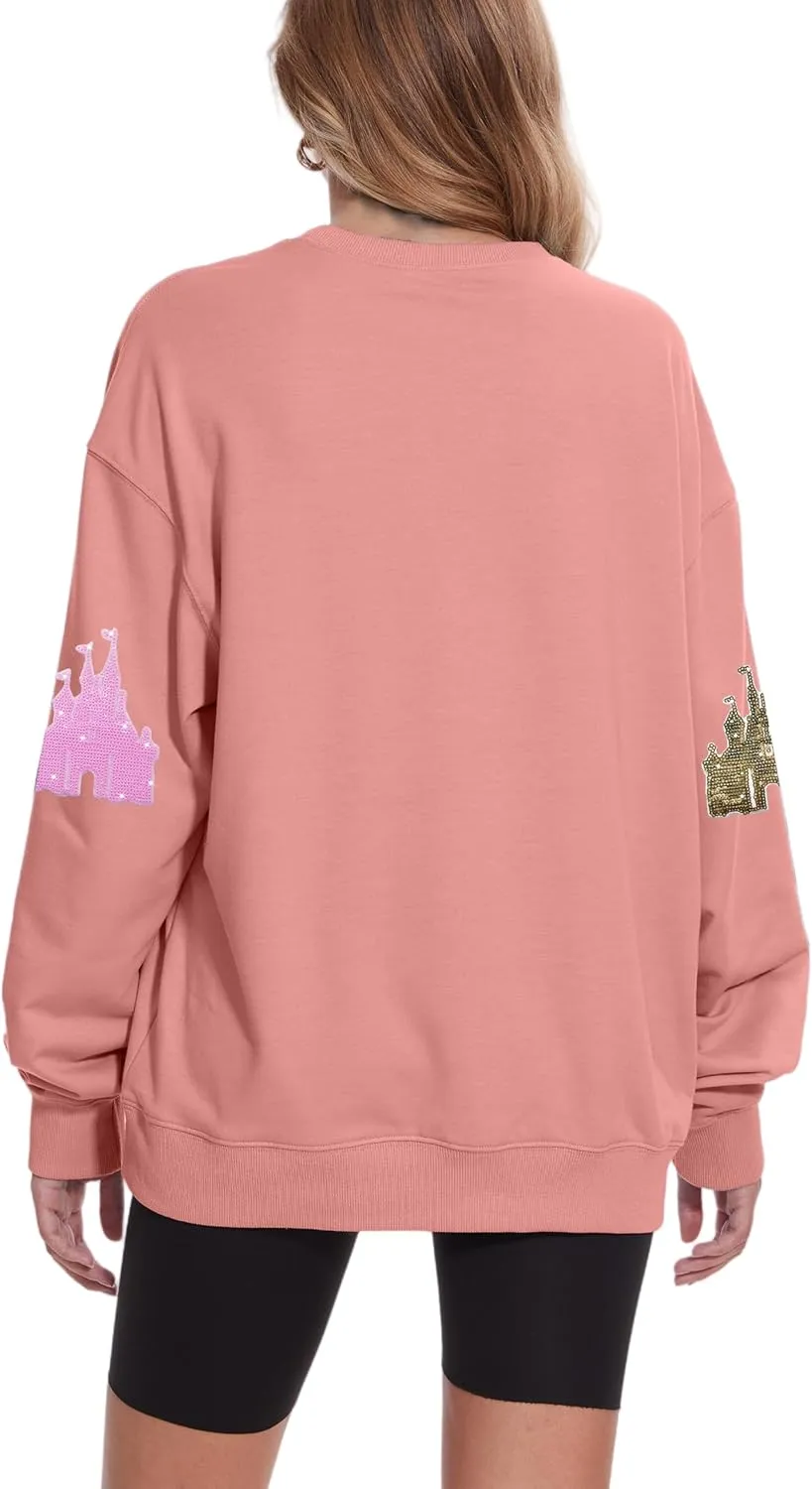 Sequin Magic Kingdom Sweatshirt For Women Sparkle Magical Castle Pullover Oversized Holiday Long Sleeve Tee Shirt Tops