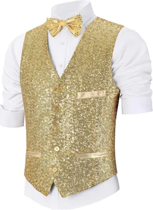 Sequin Vest Party Formal V-neck Shiny Waistcoat Bowtie Set for Wedding Events Mardi Gras St Patricks day Carnival