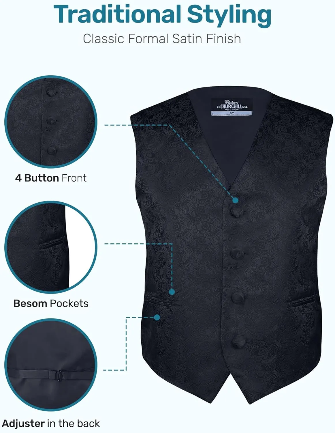 S.H. Churchill & Co. Boys 4 Piece Formal Paisley Vest and Tie Set