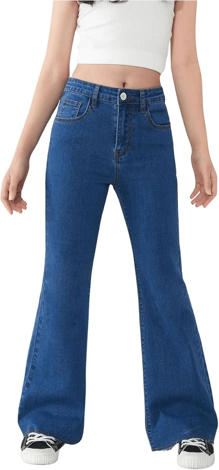 SHENHE Girl's High Waisted Flare Leg Frayed Raw Hem Bell Bottom Jeans Denim Pants