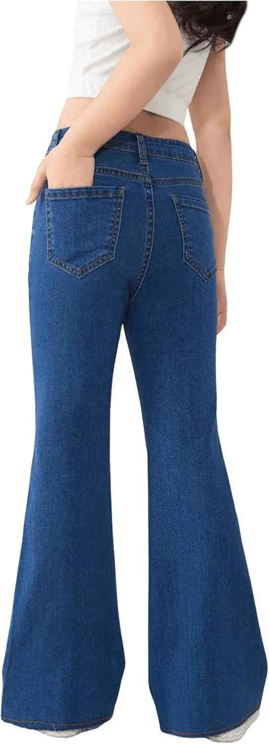SHENHE Girl's High Waisted Flare Leg Frayed Raw Hem Bell Bottom Jeans Denim Pants
