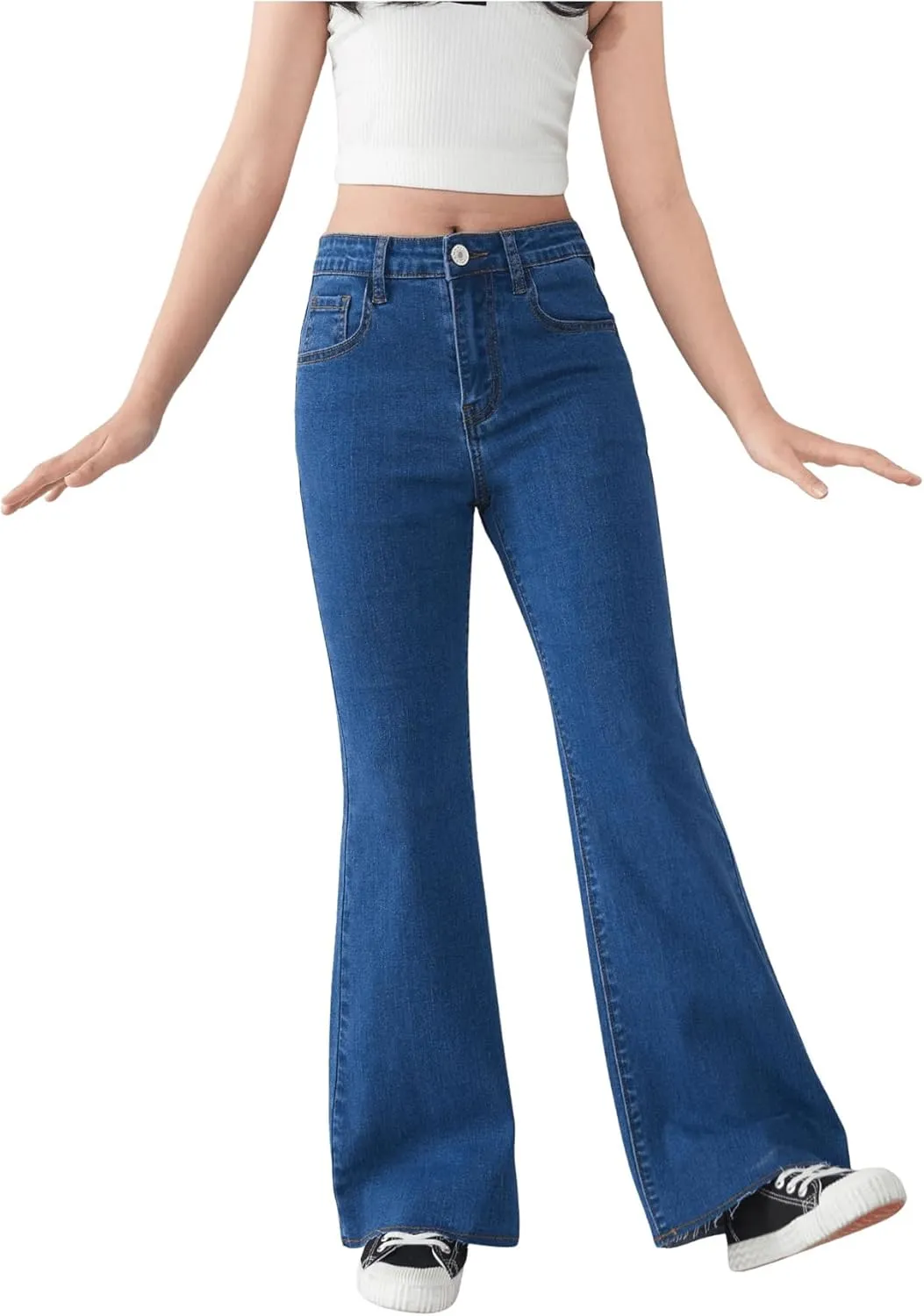 SHENHE Girl's High Waisted Flare Leg Frayed Raw Hem Bell Bottom Jeans Denim Pants