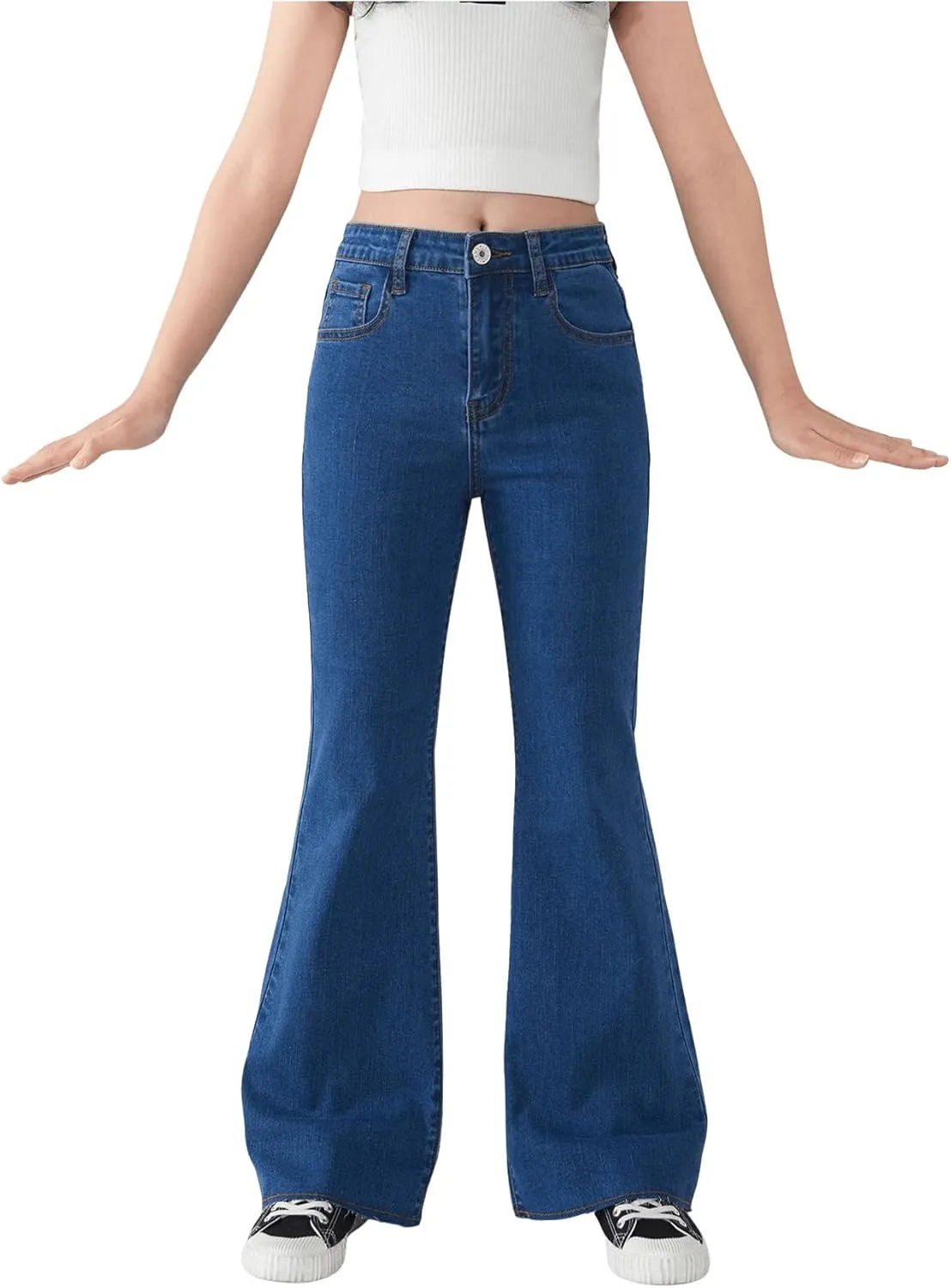 SHENHE Girl's High Waisted Flare Leg Frayed Raw Hem Bell Bottom Jeans Denim Pants