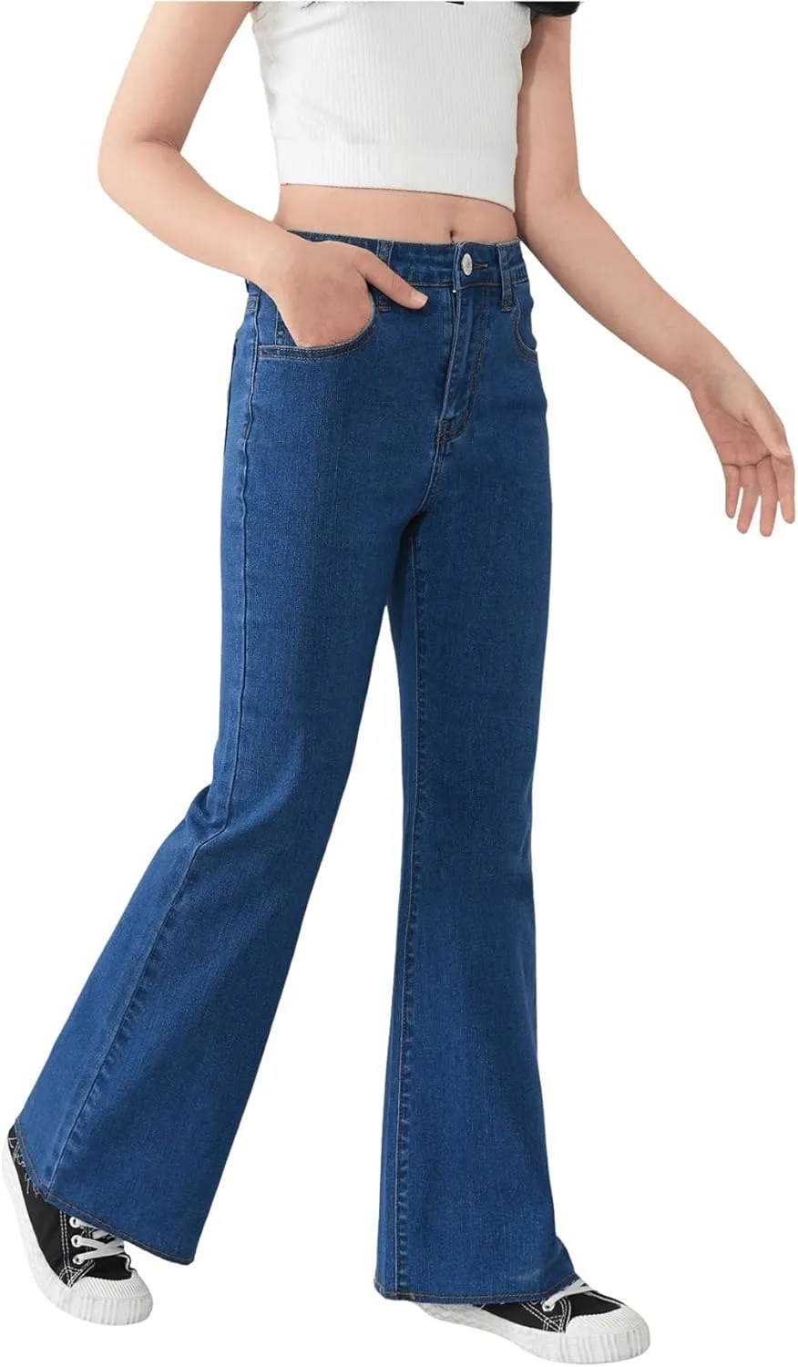 SHENHE Girl's High Waisted Flare Leg Frayed Raw Hem Bell Bottom Jeans Denim Pants