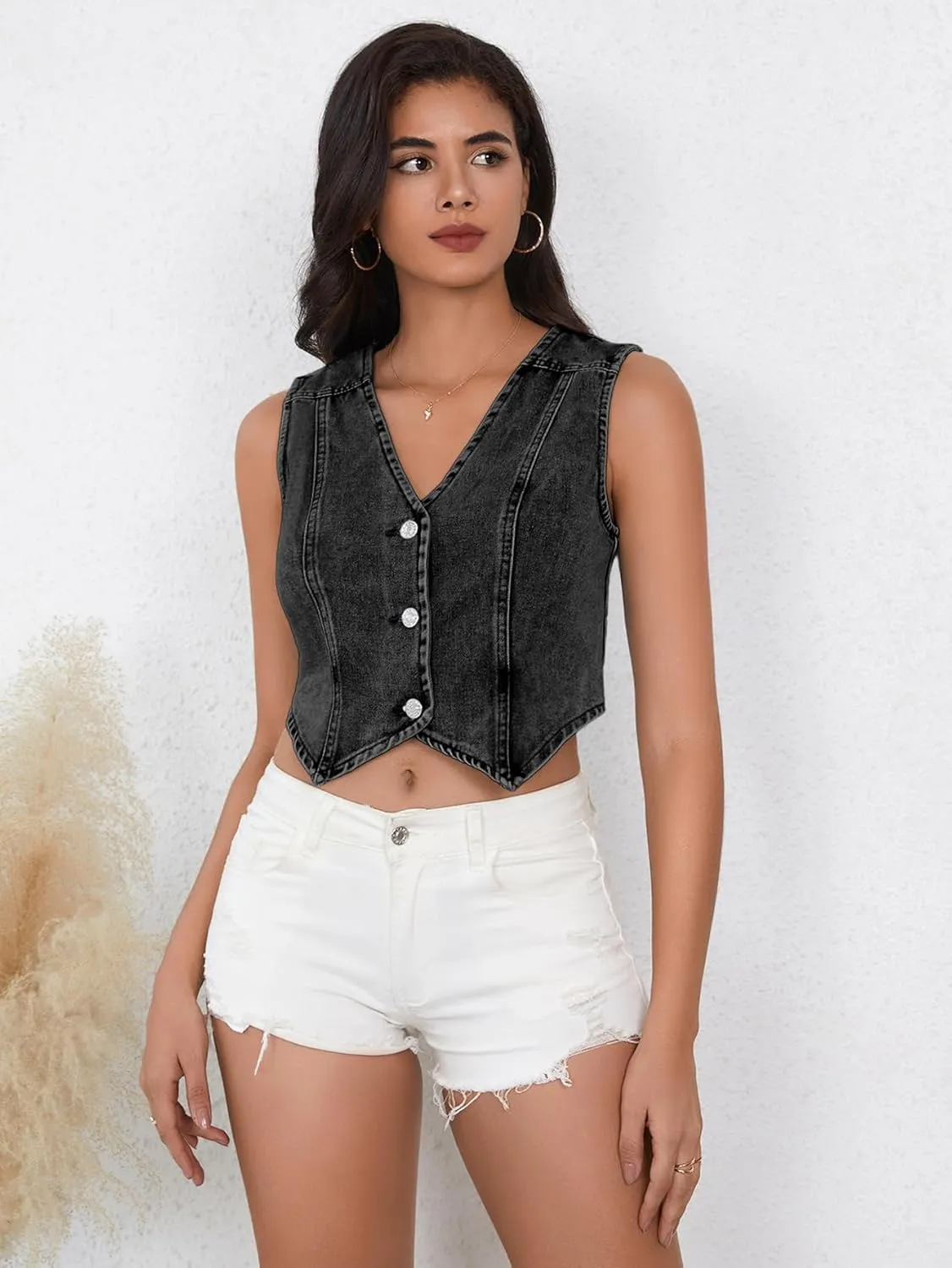 SHENHE Women's Denim Vest Button Down Sleeveless Jean Vest Top Y2K Cropped Denim Jacket Country Fashion Western Clothes